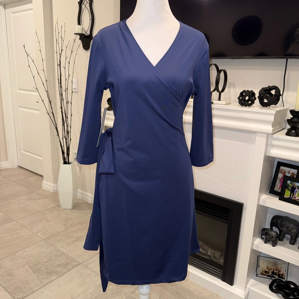 NWT Tracy Negoshian Navy Wrap Midi Dress with Tie Waist Size S